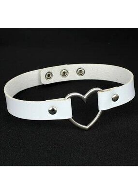 Choker Collar Necklace Punk Heart White Rivet Leather Goth Sexy Cosplay Rave Fun